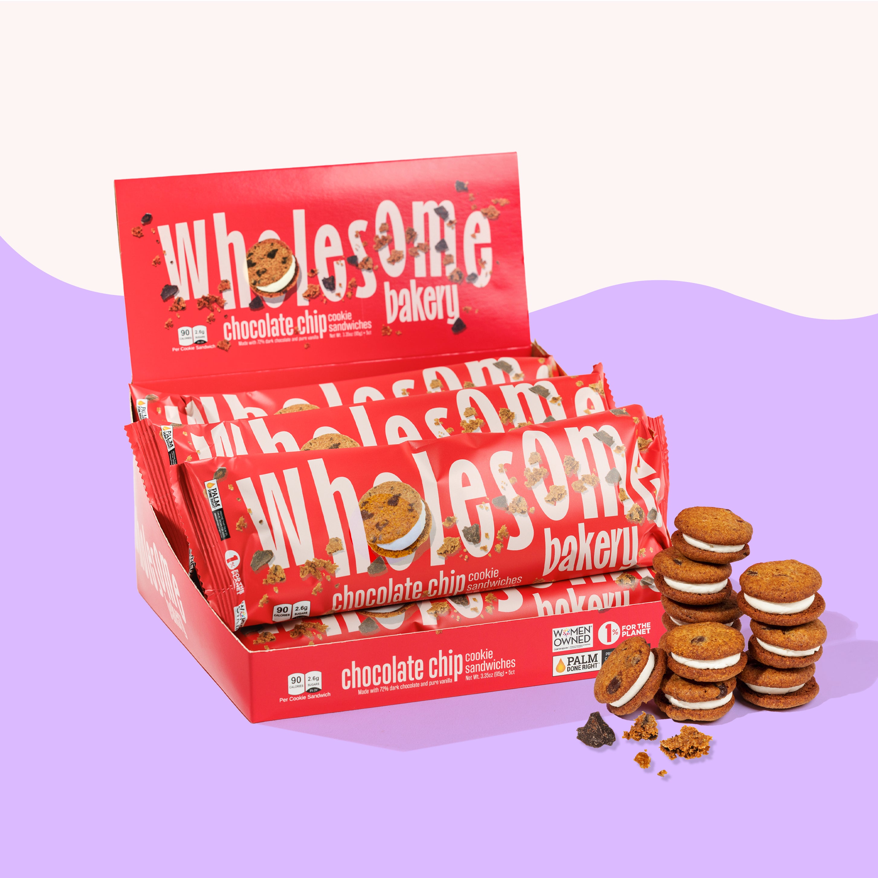 Wholesome Bakery chocolate chip cookie sandwich, vegan and gluten-free, with Fair Trade dark chocolate
