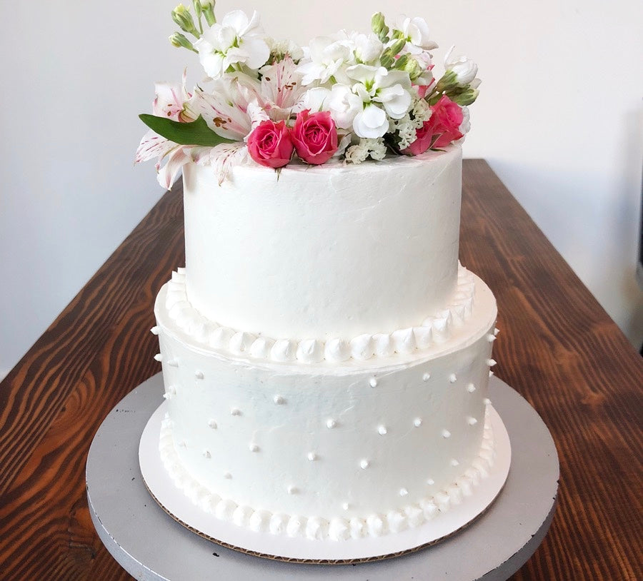 One Tier Cream Ribbon Wedding Cake